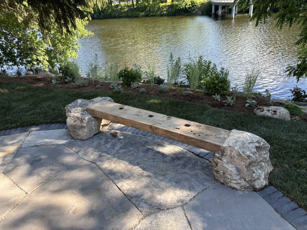 Custom rock and handcrafted antique wood bench Guelph Orangeville